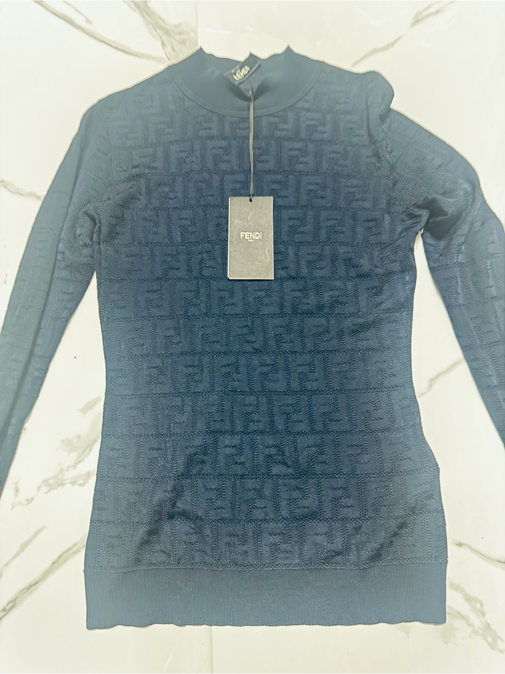 Fendi Navy Blue Ff Jacquard Turtleneck Sweater Unisex